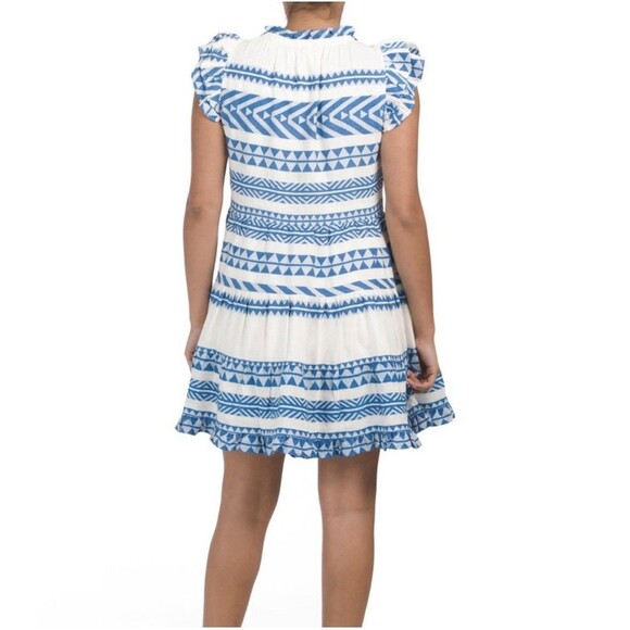 SAIL to SABLE Geo Stripe Ruffle Neck Dress 100% Cotton Blue White Size XS EUC - Picture 2 of 11